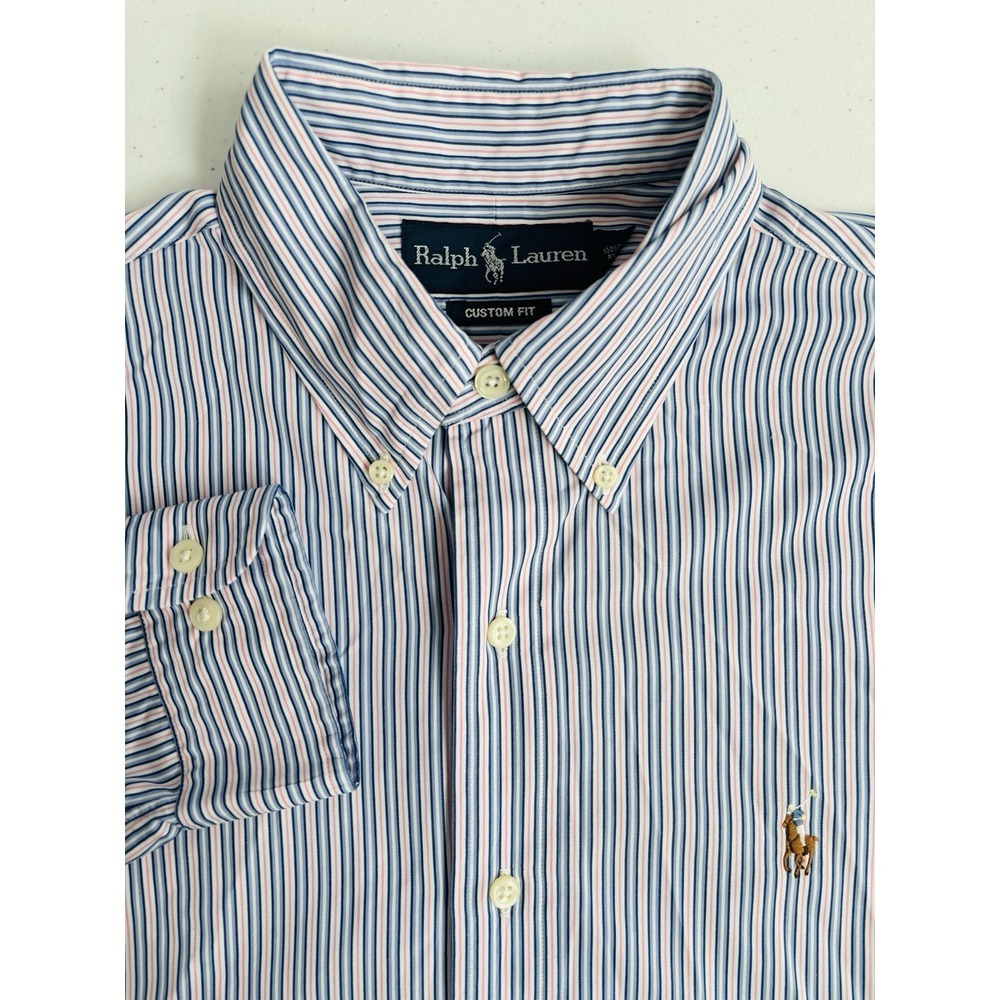 Ralph Lauren Men's 15.5-32/33 Y2K Custom‎ Fit Blue Pink Pinstripe Button Down
